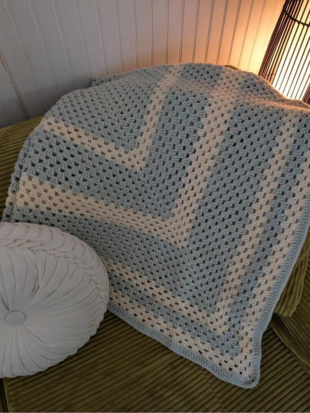 Vintage Cottage Blue & White Crochet Throw Grandmacore 54"X54" Large Handmade